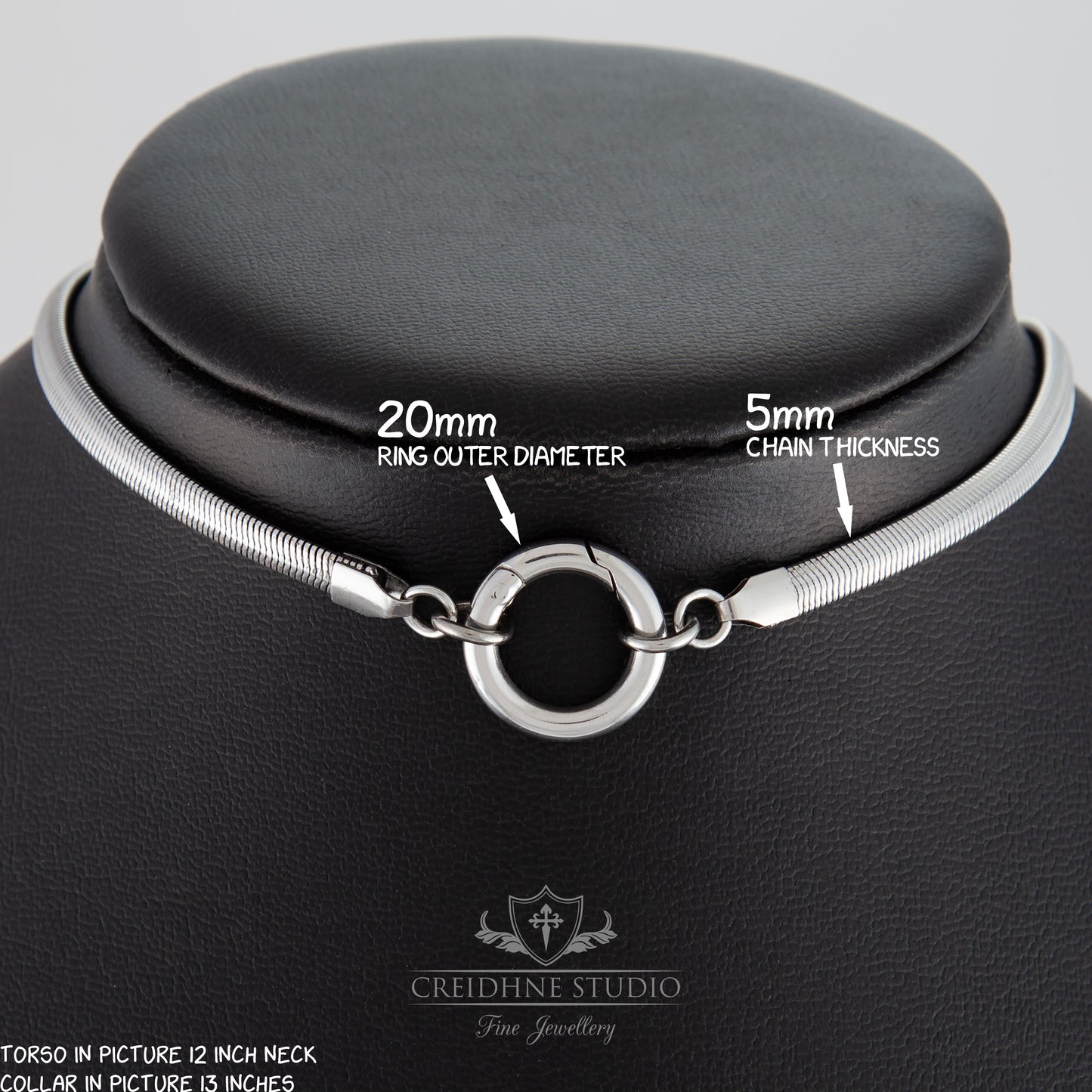 Silver snake chain collar shown with measurements, Creidhne Studio branding 