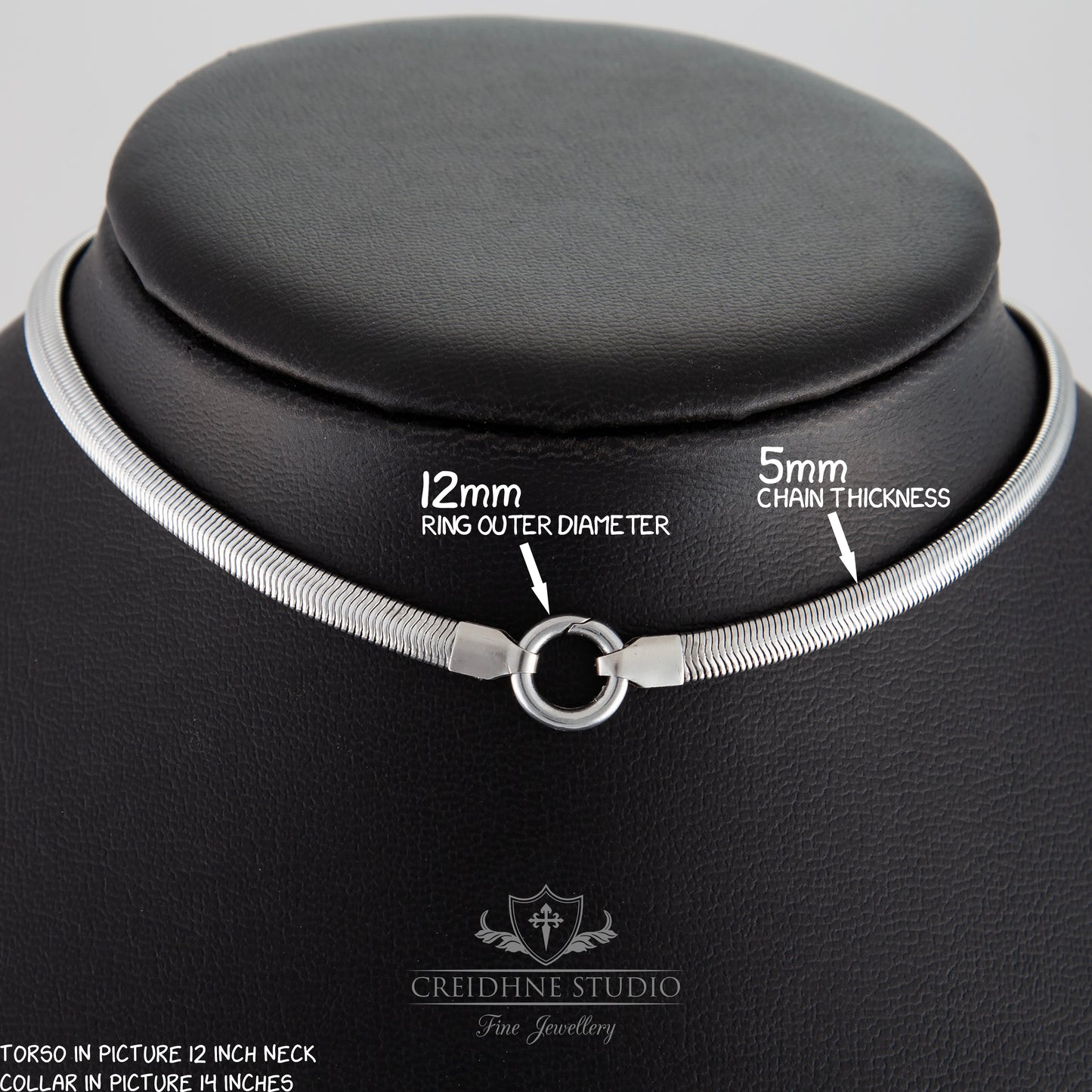 Silver collar a mannequin neck with measurements labelled, branded 'Creidhne Studio'