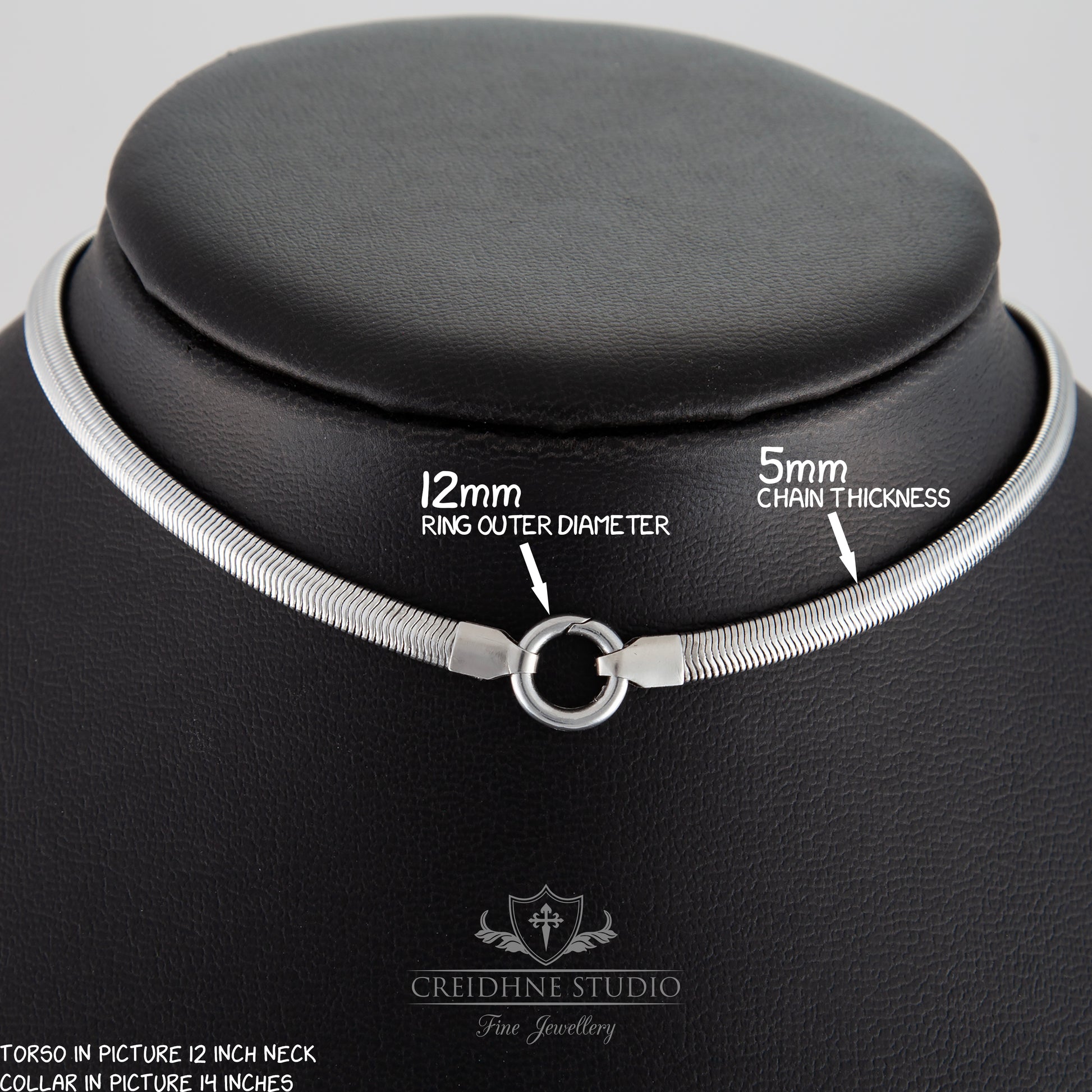 Silver collar a mannequin neck with measurements labelled, branded 'Creidhne Studio'