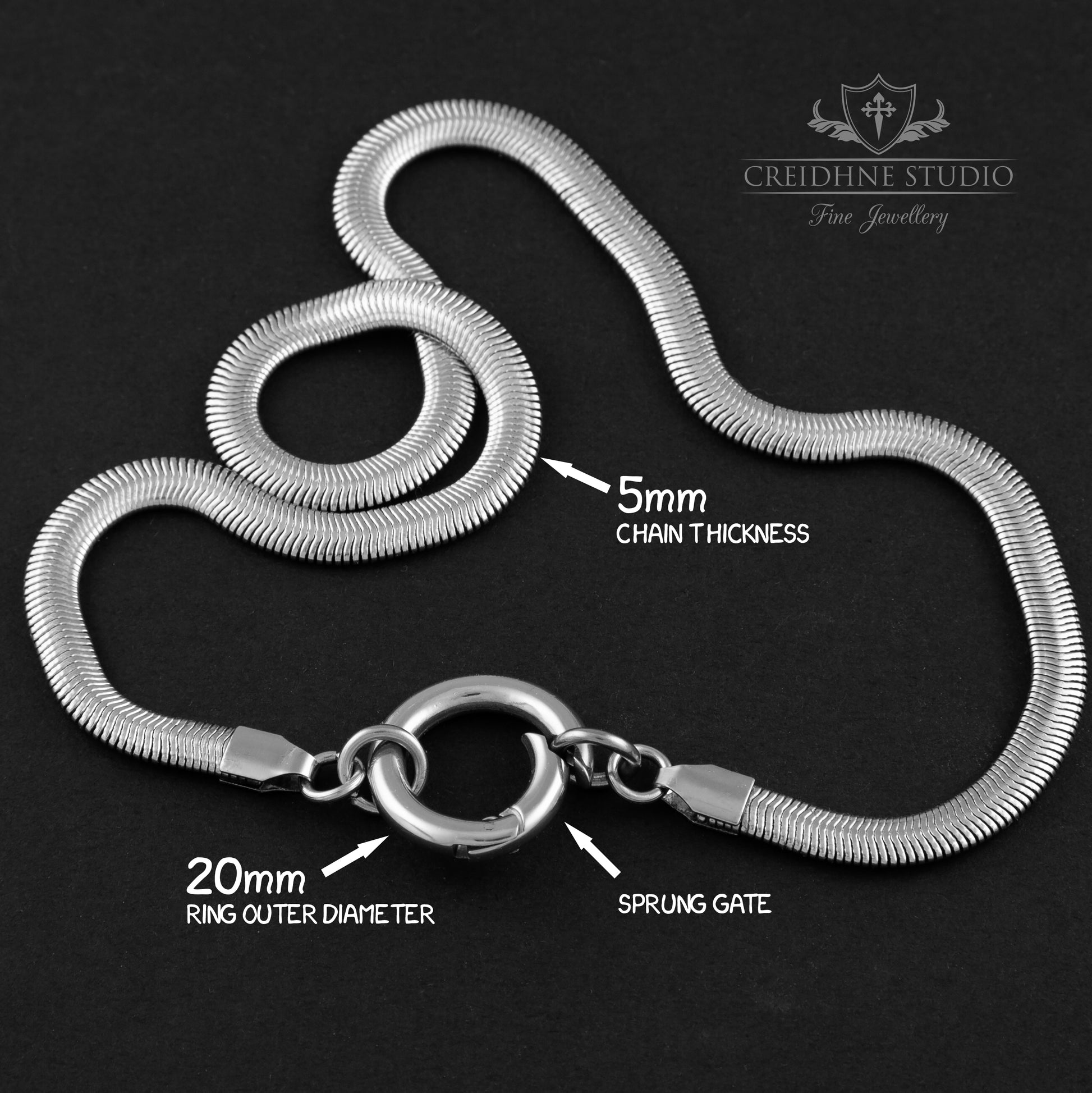 Silver chain necklace with measurements on a black background, featuring Creidhne Studio branding.