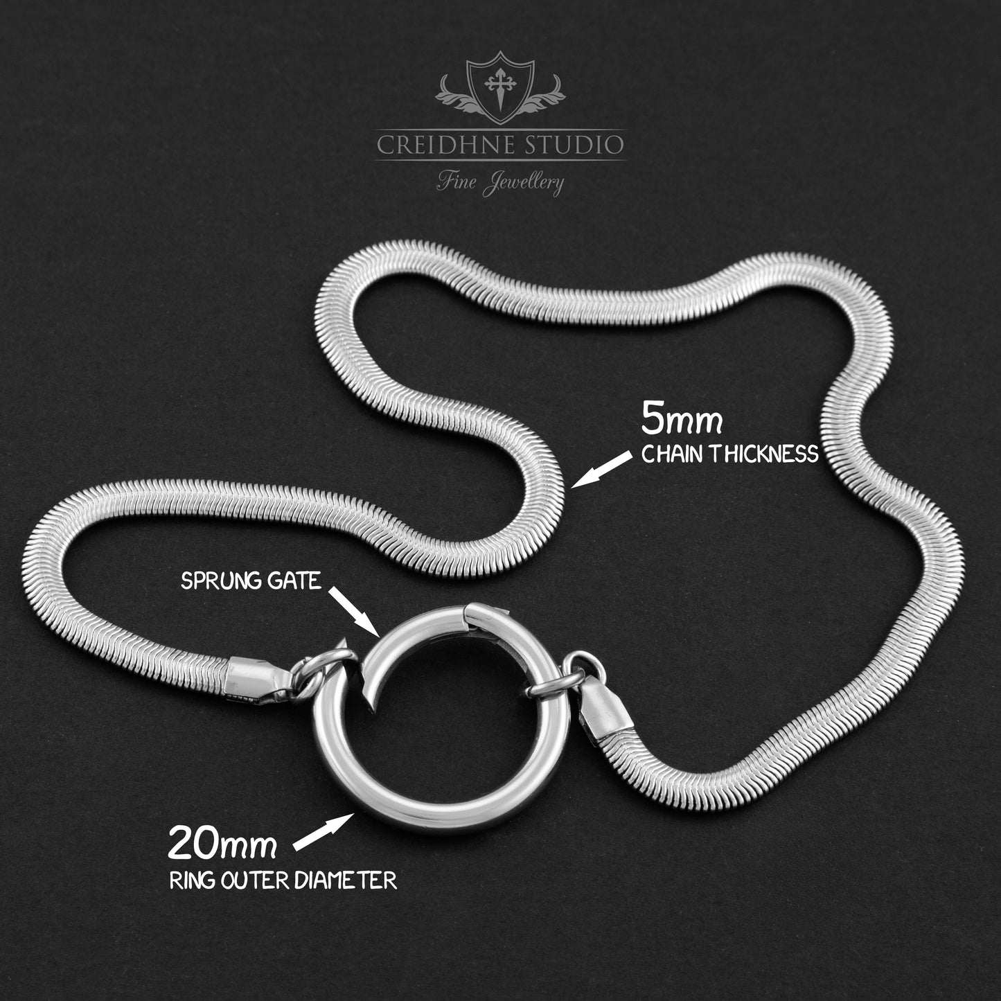Flat Snake Chain Day Collar, Large 30mm O Ring Clasp. Stainless Steel