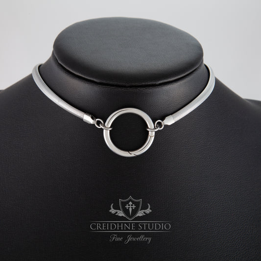 Flat Snake Chain Day Collar, Large 30mm O Ring Clasp. Stainless Steel